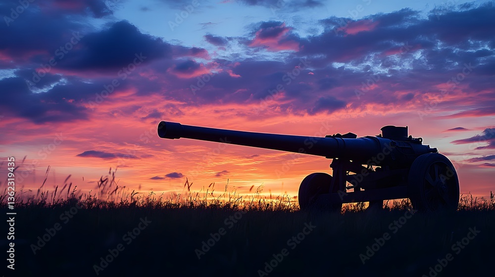 Fototapeta premium Military artillery silhouette at sunset, imposing cannon against colorful sky, evokes strength and historical significance.