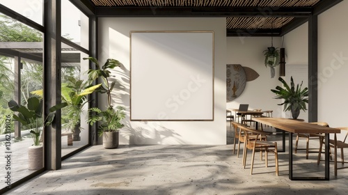 Wallpaper Mural Large White Blank Wall Frame in Open Space with Wooden Tables, Chairs, Side Plants, Windows Overlooking Tropical Trees, Natural Light Illumination, Hyper-Realistic Coffee Shop Ambiance Torontodigital.ca