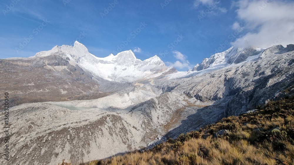 Panoramic View of Pisco Mountain with Glacier and Glacial Lake, Cordillera Blanca, Peru Panoramic View of Pisco Mountain with Glacier and Glacial Lake, Cordillera Blanca, Peru