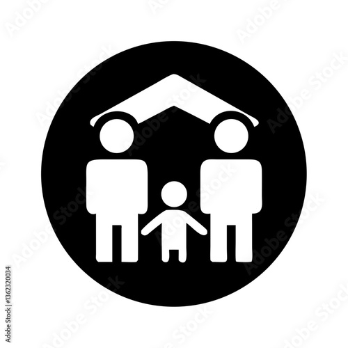 Symbolic family icon with two adults and child under a roof in black circle