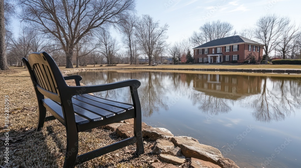 Obraz premium Serene park scene black bench by tranquil pond, reflecting grand house, bare winter trees