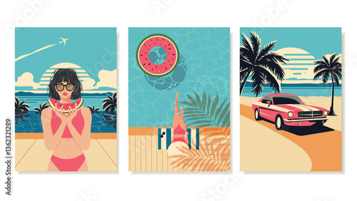 Summer Retro Posters. Flat Illustration of Girls in Swimsuits, Retro Vintage Car. Watermelon theme. Vector