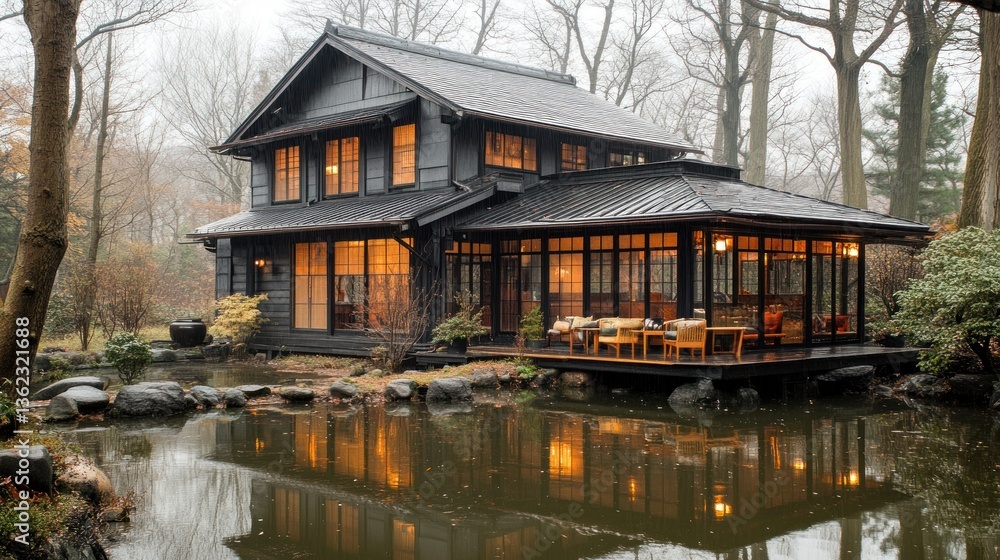 Fototapeta premium Dark wood house by a pond, autumnal setting