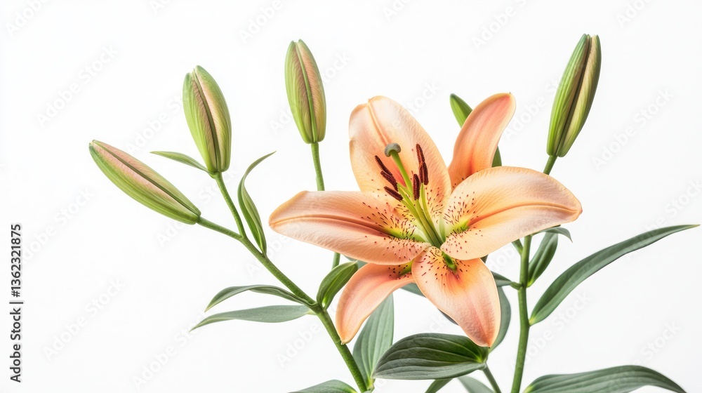 Naklejka premium Blooming Lilies with Buds, Isolated Clean White Background