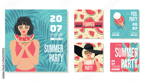 Templates for Summer Invitations for Beach Party, Pool Party in Retro Style. Flat Design of Girls in Swimsuits with Watermelons. Vector