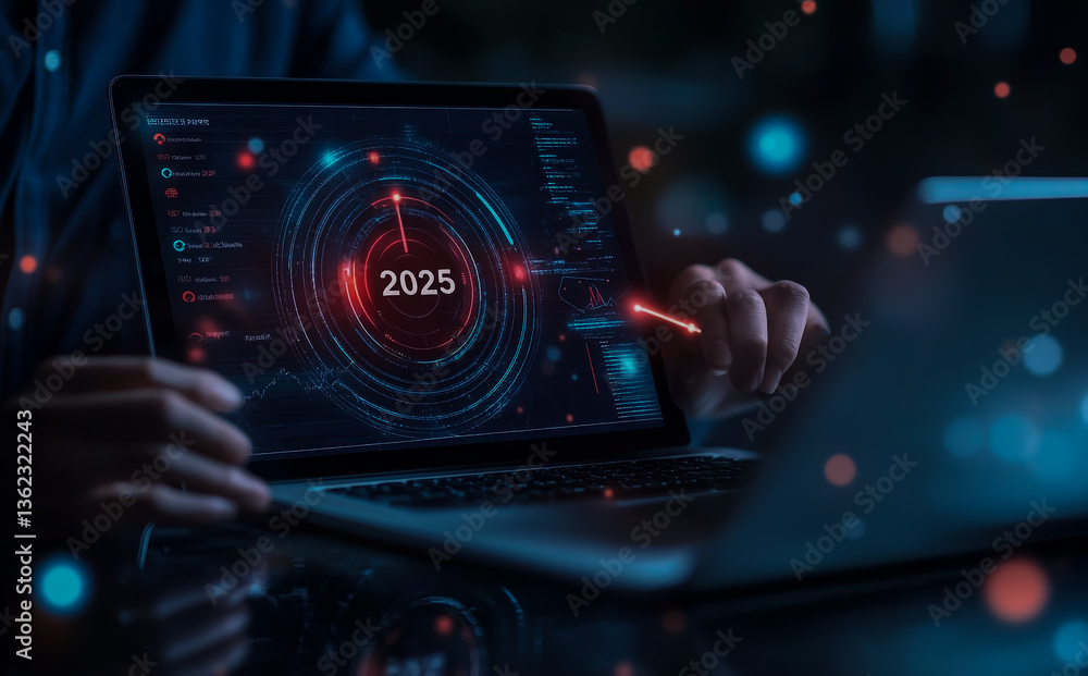 Fototapeta premium Businessman using laptop and tablet with a target icon, a graph of growth in business during the year on a virtual screen for a business plan