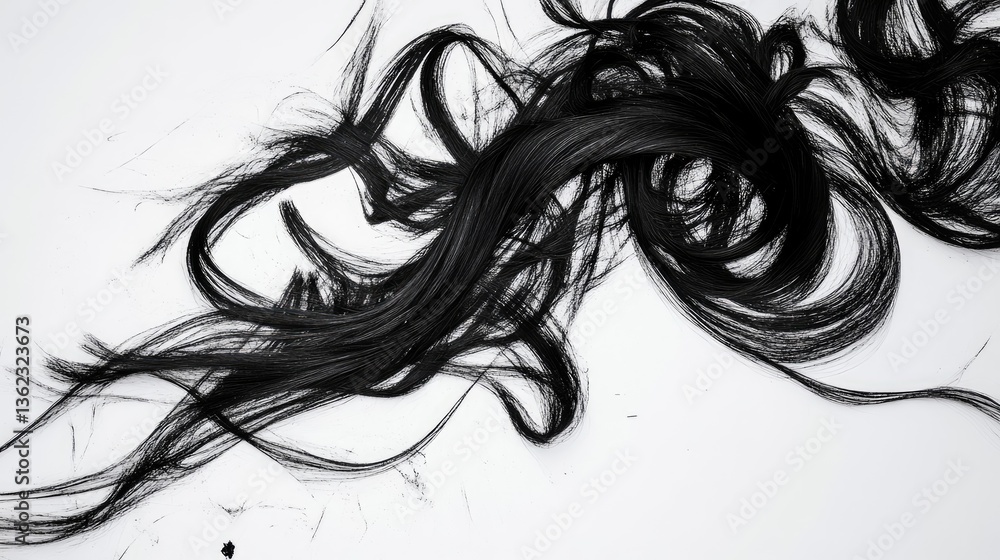 Dark, flowing strands of hair abstract art on white background showcasing texture and movement in a minimalist style Dark, flowing strands of hair abstract art on white background showcasing texture and movement in a minimalist style