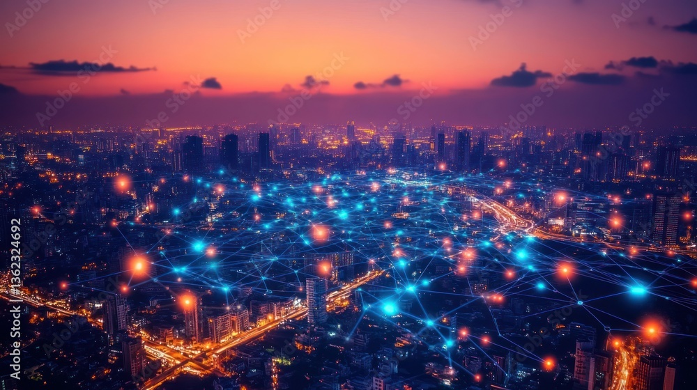 Fototapeta premium Smart City Network: Aerial View of a Connected Metropolis at Sunset