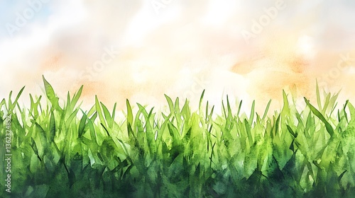 Fresh green grass with a blurred painted sky in the background