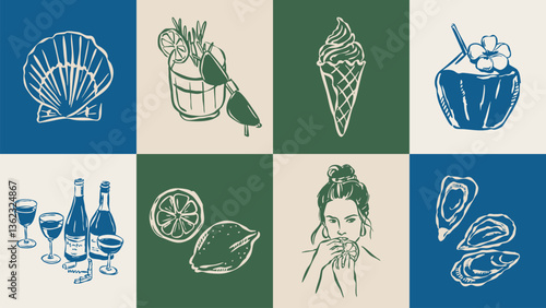 Dolce Vita sketch style vector illustration collection. Travel doodles. Art for postcards, print posters, packaging design.