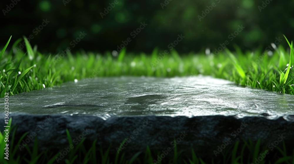 Fototapeta premium Flat gray stone slab on green grass, bathed in sunlight