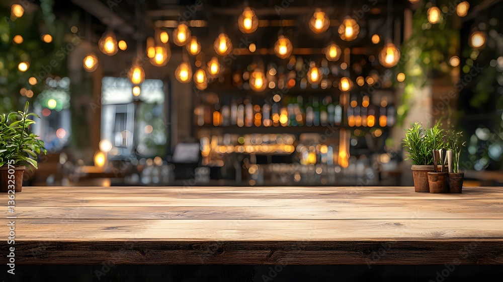 Cozy Cafe with Hanging Lights and Wooden Table Cozy Cafe with Hanging Lights and Wooden Table