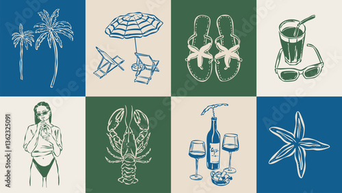 Dolce Vita sketch style vector illustration collection. Travel doodles. Art for postcards, print posters, packaging design.