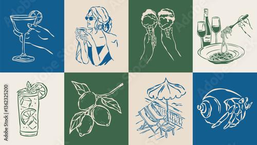 Dolce Vita sketch style vector illustration collection. Travel doodles. Art for postcards, print posters, packaging design.