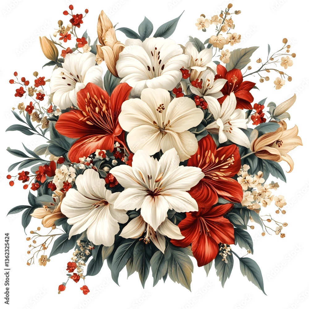 A beautiful floral arrangement with white and red blooming flowers A beautiful floral arrangement with white and red blooming flowers