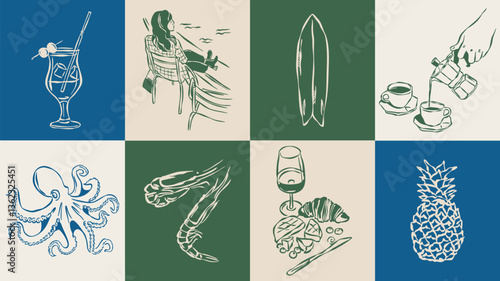 Dolce Vita sketch style vector illustration collection. Travel doodles. Art for postcards, print posters, packaging design.