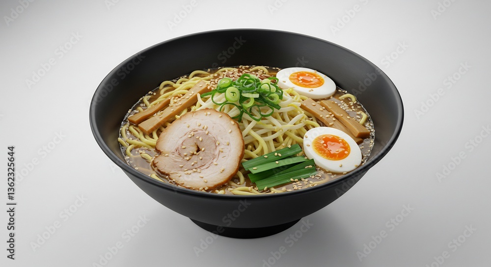 黒碗に盛られた滋味深いラーメン 食欲をそそる黄金色のスープ 黒碗に盛られた滋味深いラーメン 食欲をそそる黄金色のスープ