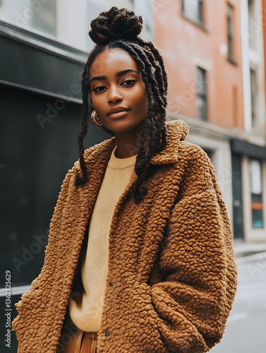 Stylish Woman with Locs and Teddy Coat