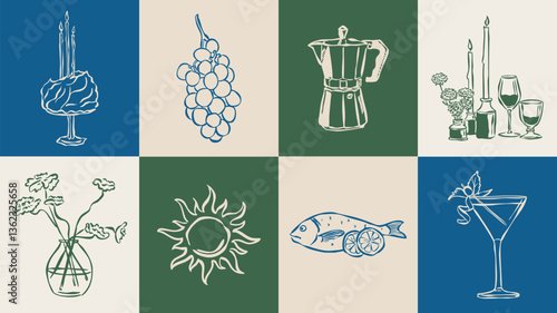 Dolce Vita sketch style vector illustration collection. Travel doodles. Art for postcards, print posters, packaging design.