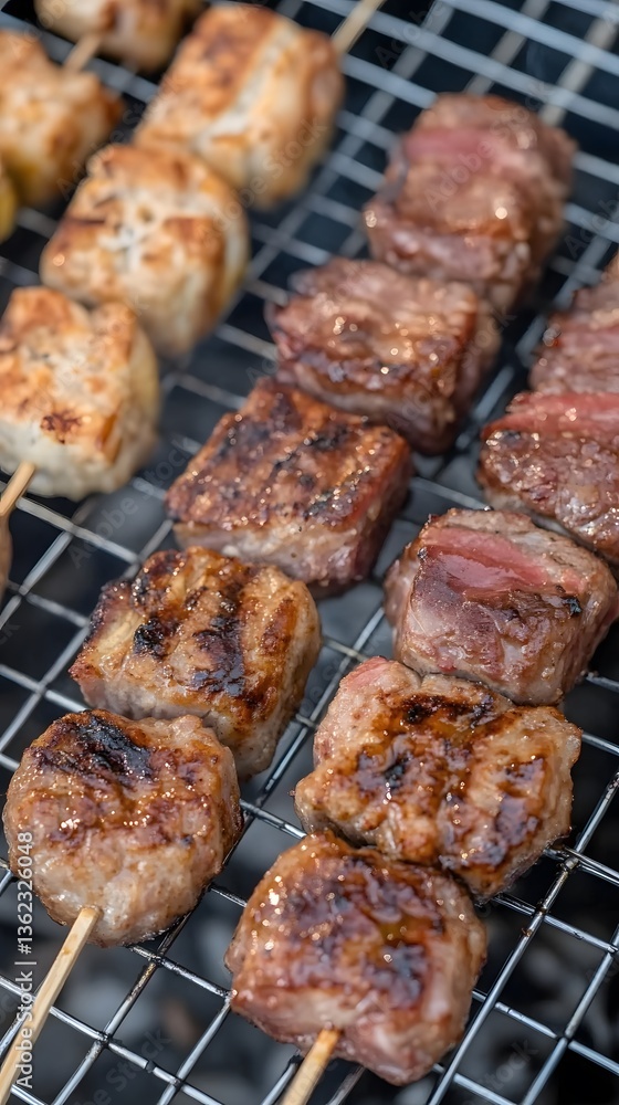 Grilled Meat and Tofu Skewers on BBQ Grill Grilled Meat and Tofu Skewers on BBQ Grill