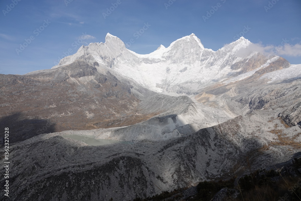 Panoramic View of Pisco Mountain with Glacier and Glacial Lake, Cordillera Blanca, Peru Panoramic View of Pisco Mountain with Glacier and Glacial Lake, Cordillera Blanca, Peru