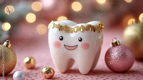 Cheerful decorative tooth figurine with festive ornaments on pink background