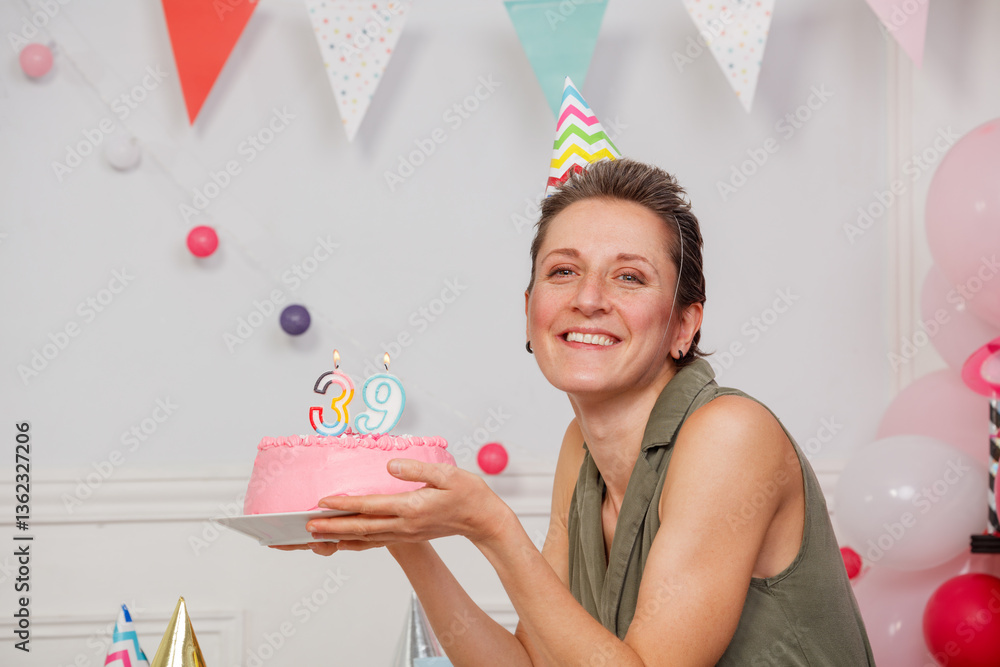Woman with short hair celebrate birthday hold pink cake and joy