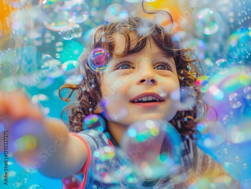 Photo of a happy child at a foam disco in soap bubbles in closes. A children's show on resort, animation program in hotel.