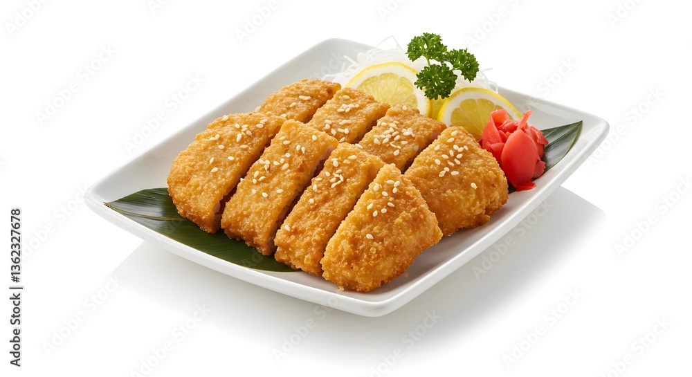 Delicious Fried Chicken Cutlet with Sesame Seeds and Garnish on Plate Delicious Fried Chicken Cutlet with Sesame Seeds and Garnish on Plate