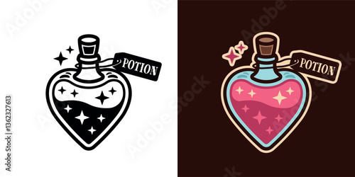 Love potion heart bottle vector illustration in two styles, black and colored. Magical elixir in a glass bottle with romantic and mystical vibes. Perfect for fantasy, alchemy, and other designs