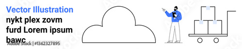 Cloud icon alongside a worker pointing at a clipboard near a trolley with stacked parcels. Ideal for storage, logistics, inventory, delivery, business planning, e-commerce, technology platforms