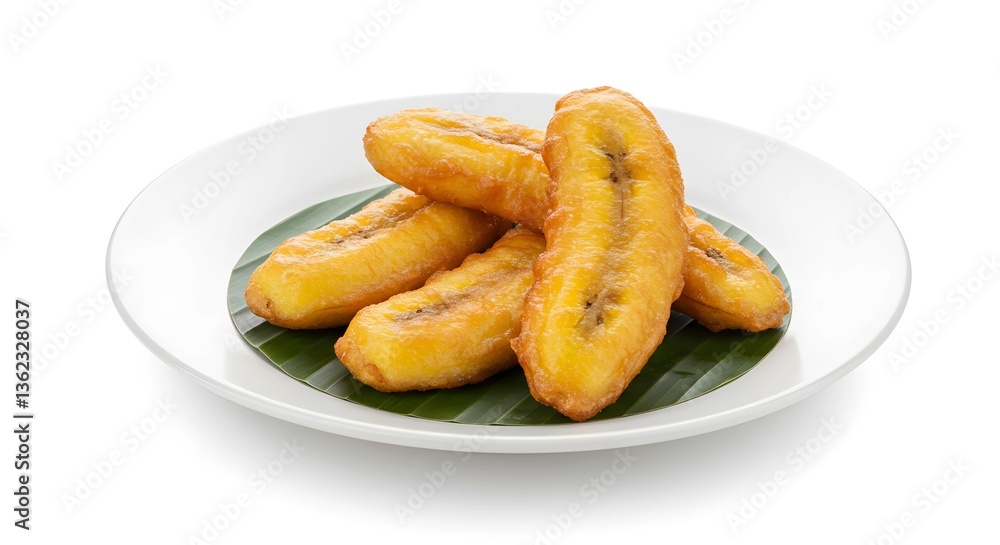 Fried Plantain Slices on White Plate with Banana Leaf Garnish Fried Plantain Slices on White Plate with Banana Leaf Garnish