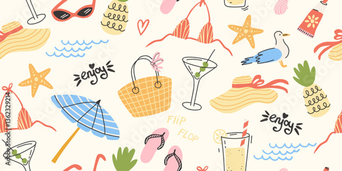 Seamless Summer Beach Pattern with Vacation hand drawn Elements
