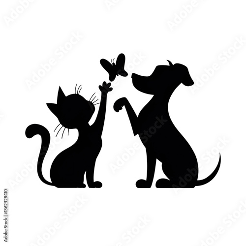 Cat and Dog Silhouette with Butterfly – Pet Friendship Illustration