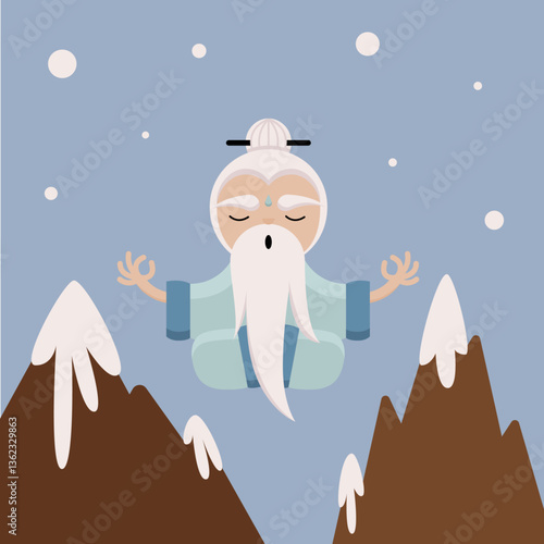Vector Illustration of a Wise Calm White Hair Bearded Man Wearing a Kimono Practicing Yoga Meditation on a Snowy Mountain Landscape Against Icy Blue Background