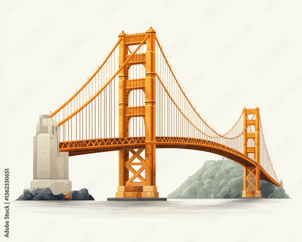 Fototapeta premium Illustration of a golden bridge spanning a river with mountains in the background
