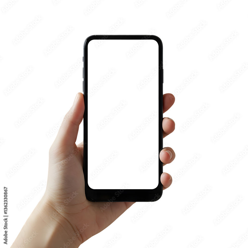 Hand Holding Smartphone with Blank Screen on Isolated Transparent Background, PNG Hand Holding Smartphone with Blank Screen on Isolated Transparent Background, PNG