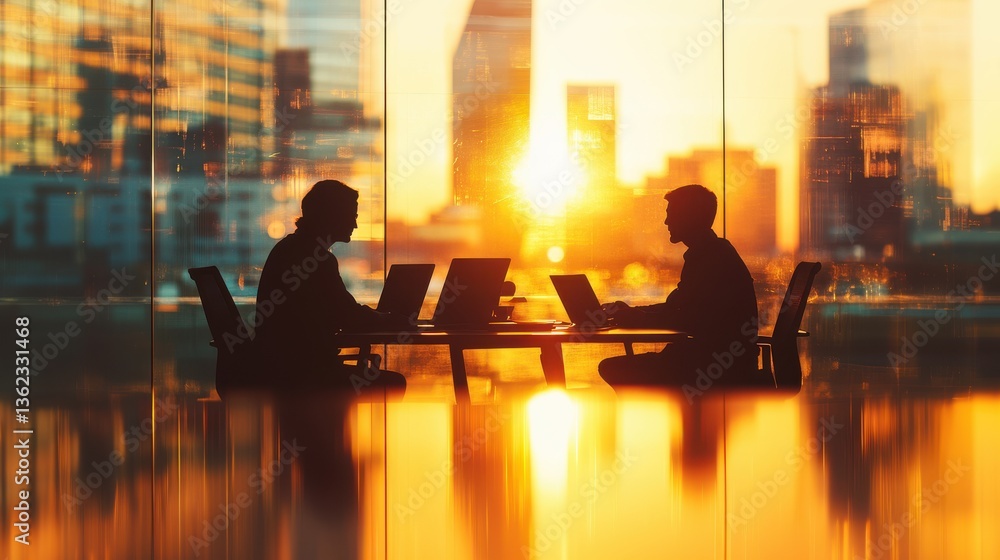Silhouette of three office people sitting around a table in a gradient style blurred office background, teamwork, corporate meeting, professional discussion Silhouette of three office people sitting around a table in a gradient style blurred office background, teamwork, corporate meeting, professional discussion