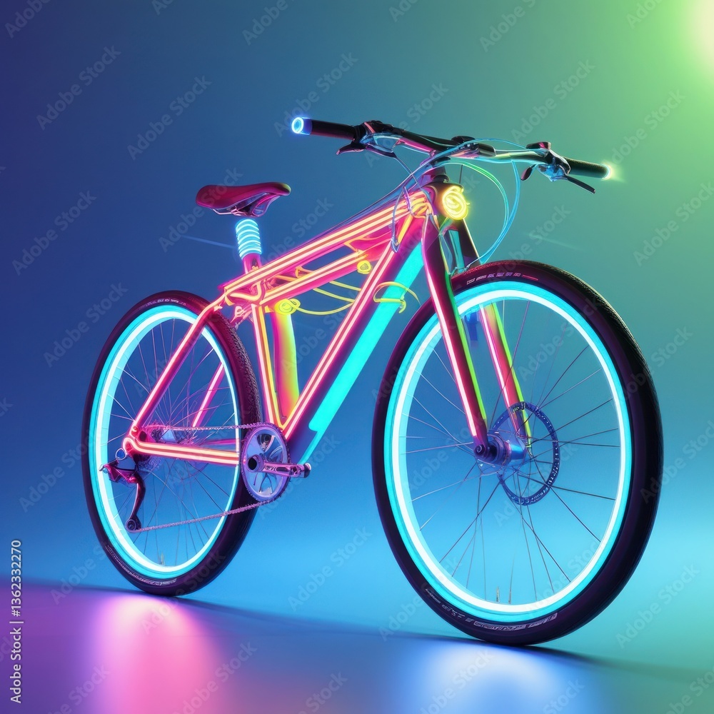 Fototapeta premium Image is a digital artwork featuring a futuristic, neon-style bicycle set against a blue and green background
