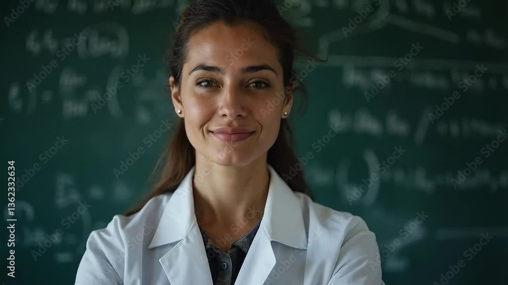 Científica frente a pizarra con fórmulas matemáticas
