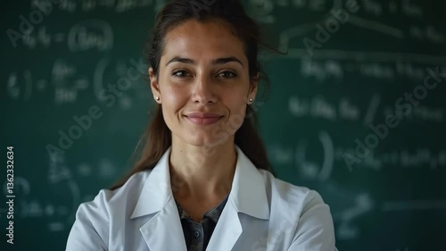 Científica frente a pizarra con fórmulas matemáticas