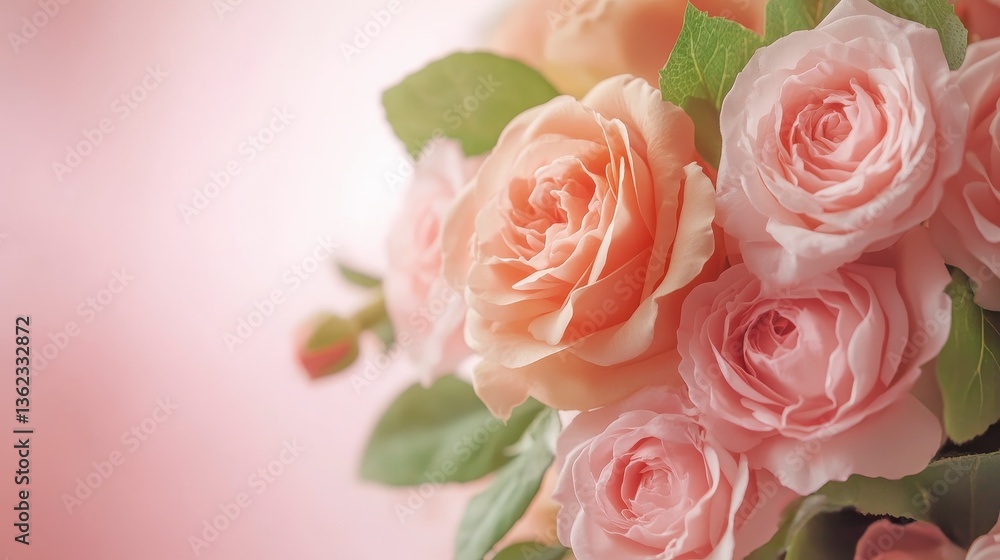 Elegant Bouquet: A close-up showcases a captivating bouquet of softly hued roses, emanating a feeling of peace and romance, against a gentle, blurred background. Elegant Bouquet: A close-up showcases a captivating bouquet of softly hued roses, emanating a feeling of peace and romance, against a gentle, blurred background.