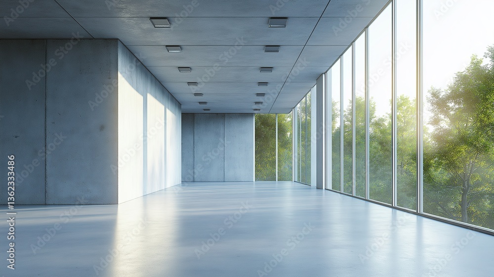 Modern concrete hall with glowing windows, embodying simplicity and clean minimalism in architectural design. Modern concrete hall with glowing windows, embodying simplicity and clean minimalism in architectural design.