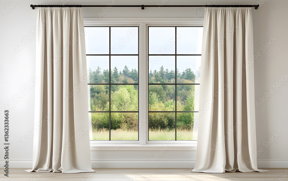 Elegant Beige Linen Curtains Draped Over Window with Forest View Elegant Beige Linen Curtains Draped Over Window with Forest View