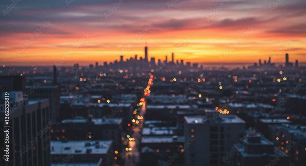 Fototapeta premium City skyline at sunset with blurred street lights below