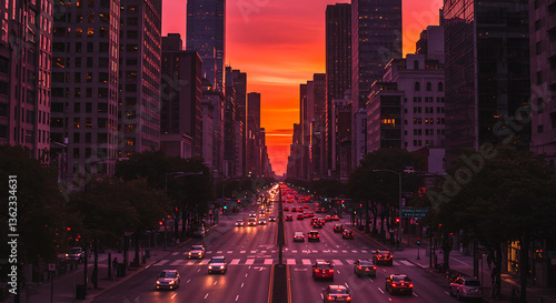 City street with traffic at sunset between buildings