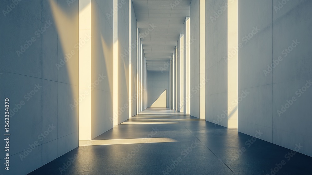 Obraz premium Modern concrete hall with glowing windows, embodying simplicity and clean minimalism in architectural design.
