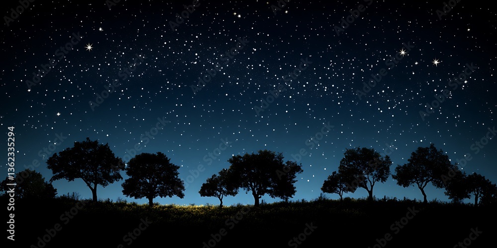 Fototapeta premium A stunning night sky illuminates trees silhouetted on a hillside