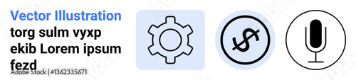Gear for settings, dollar with arrow for financial processes, microphone for communication. Ideal for technology, finance, business, service, marketing, analytics simple landing page
