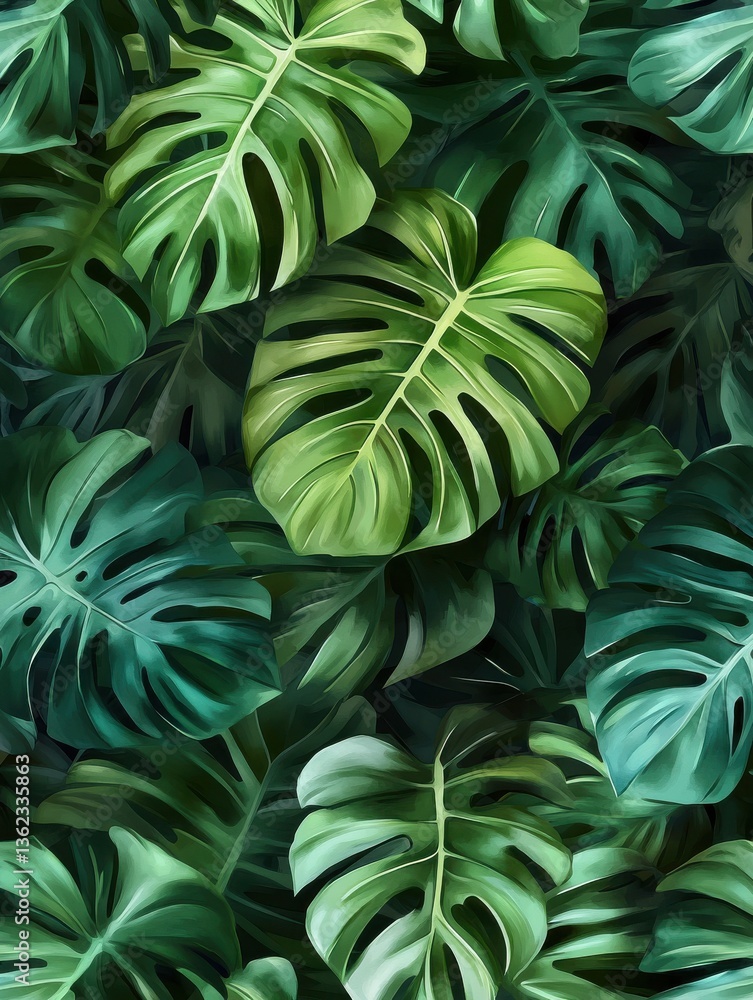 Tropical seamless pattern. Green exotic leaves. Monstera foliage. Jungle forest. Botanical design. Watercolor style. Image generated by AI technology Tropical seamless pattern. Green exotic leaves. Monstera foliage. Jungle forest. Botanical design. Watercolor style. Image generated by AI technology